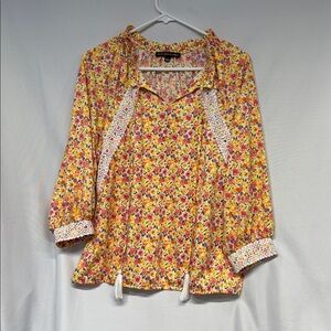 Always Indigo Floral Blouse with Lace Accents boho bright color shirt XL